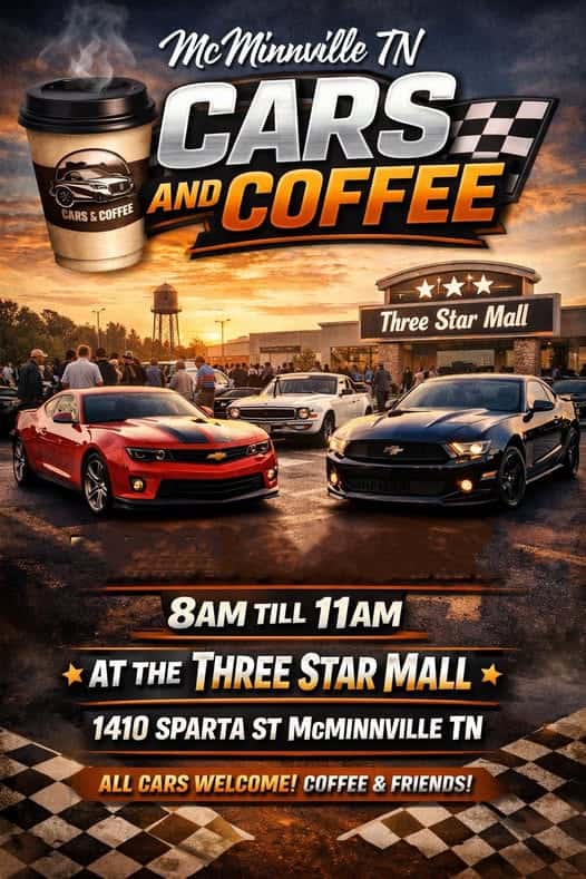 McMinnville, TN Cars and Coffee event at Three Star Mall in McMinnville, TN on June 11, 2026