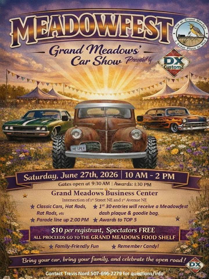 Meadowfest Grand Meadows' Car Show event at Grand Meadows Business Center in Grand Meadow, MN on June 27, 2026