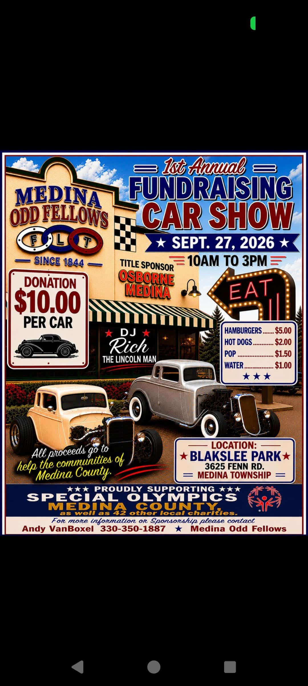 Medina Odd Fellows 1st Annual Fundraising Car Show event at Blakslee Park in Medina, OH on September 27, 2026