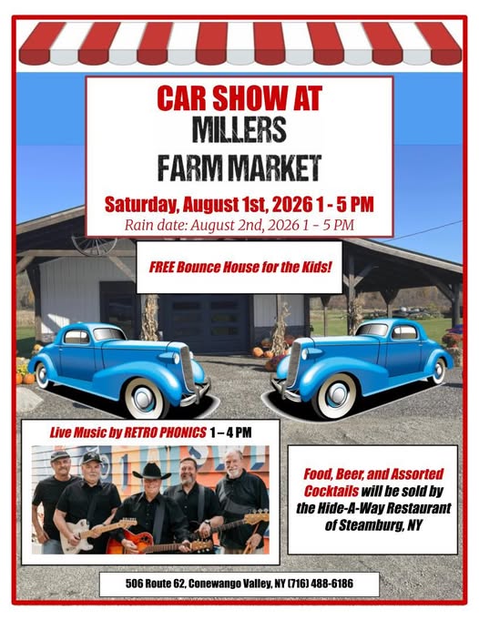 Millers Farm Market Car Show event at Millers Farm Market in Conewango Valley, NY on August 1, 2026