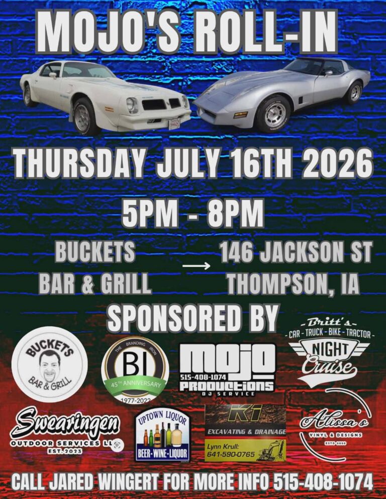 Mojo's Roll-In event at Buckets Bar & Grill in Thompson, IA on July 16, 2026