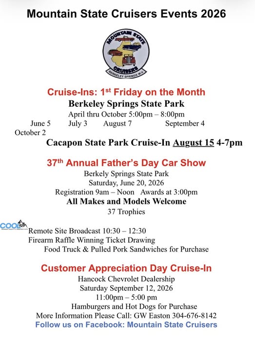 Mountain State Cruisers Cruise In event at Berkeley Springs State Park in Berkeley Springs, WV on June 5, 2026