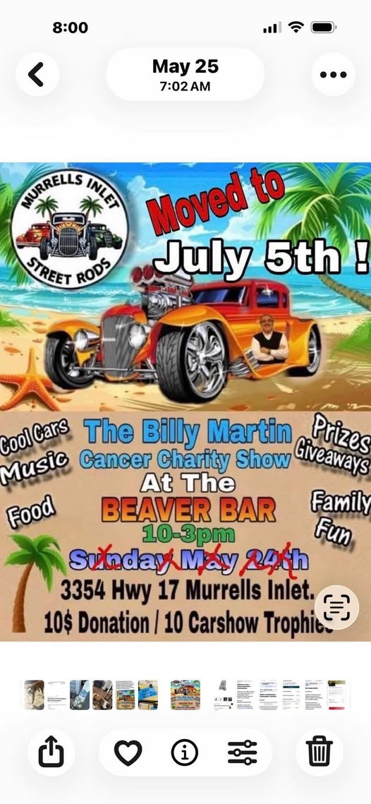 Murrells Inlet Street Rods Billy Martin Cancer Charity Show event at Beaver Bar in Murrells Inlet, SC on July 5, 2026