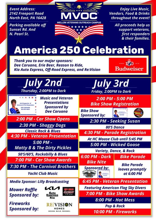 MVOC America 250 Celebration event at Military Veterans Outreach Camp in North East, PA on July 2, 2026