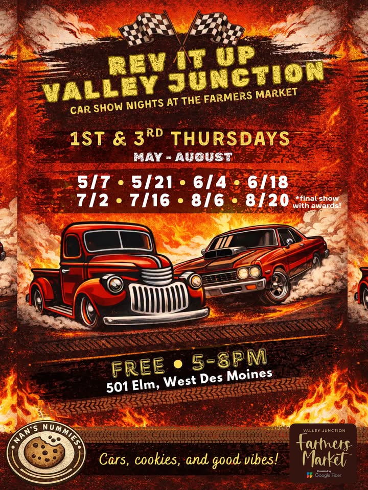 Nan's Rev it up Valley Junction Car Show Nights at the Farmers Market event at Valley Junction Farmers Market in West Des Moines, IA on July 2, 2026