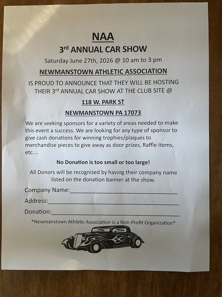 Newmanstown Athletic Association 3rd Annual Car Show event at Newmanstown Athletic Association in Newmanstown, PA on June 27, 2026