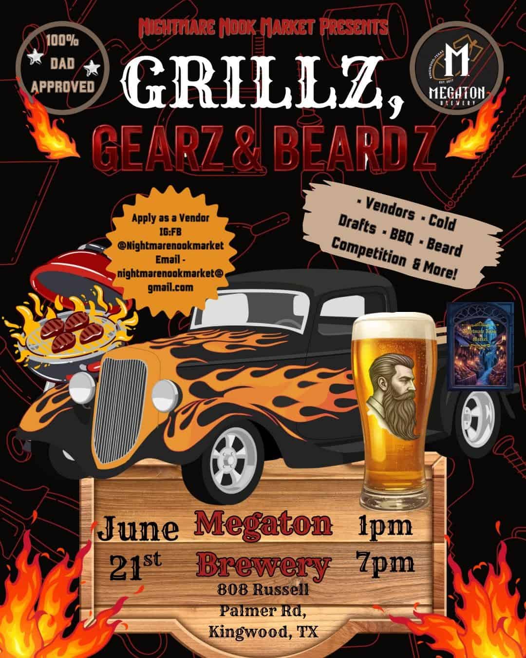 Nightmare Nook Market Grillz, Gearz & Beardz event at Megaton Brewery in Kingwood, TX on June 21, 2026