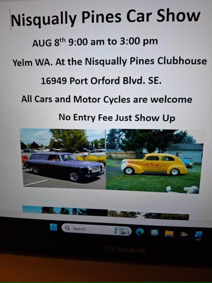 Nisqually Pines Car Show event at Nisqually Pines Clubhouse in Yelm, WA on August 8, 2026