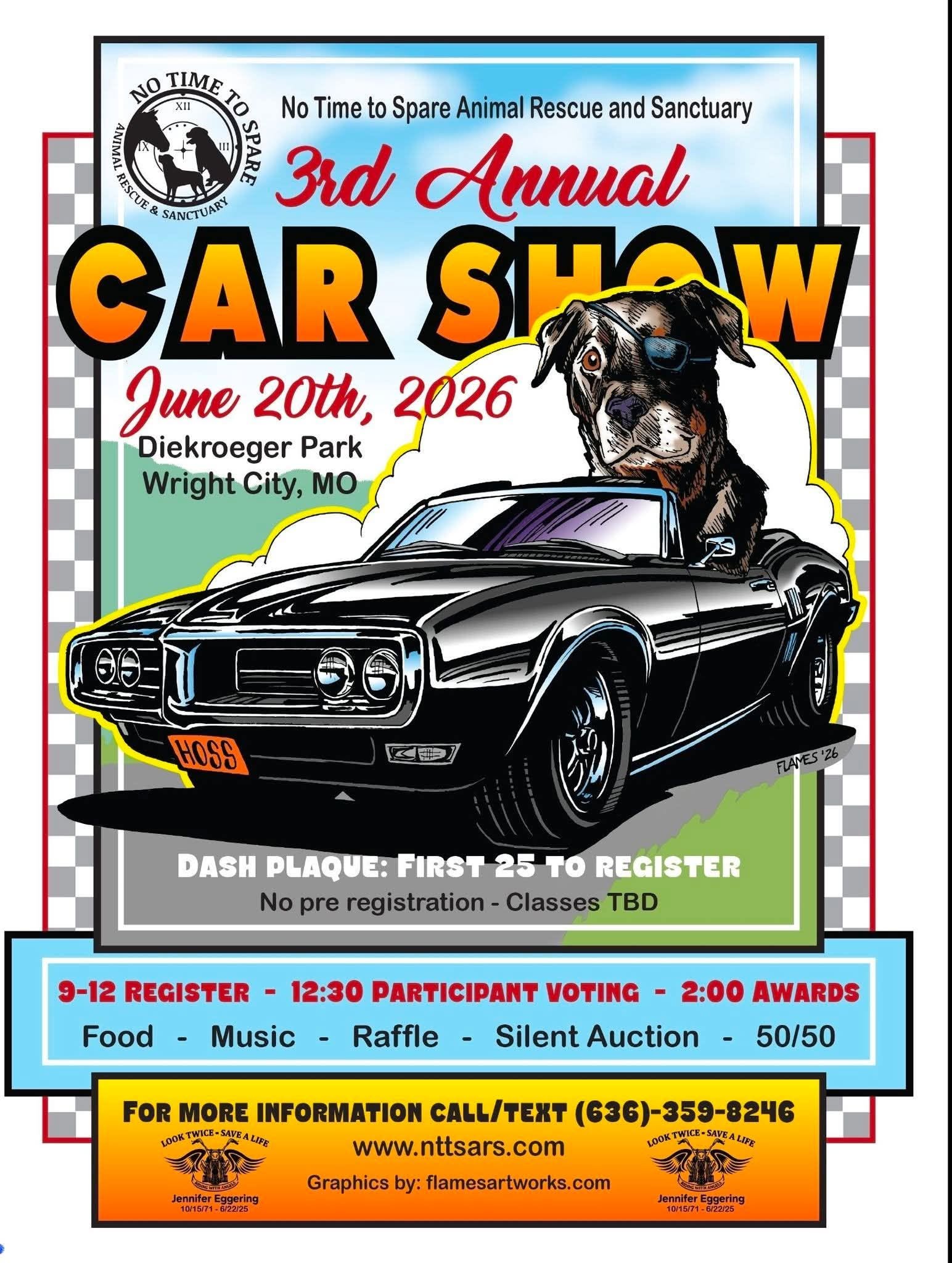 No Time to Spare Animal Rescue and Sanctuary 3rd Annual Car Show event at Diekroeger Park in Wright City, MO on June 20, 2026