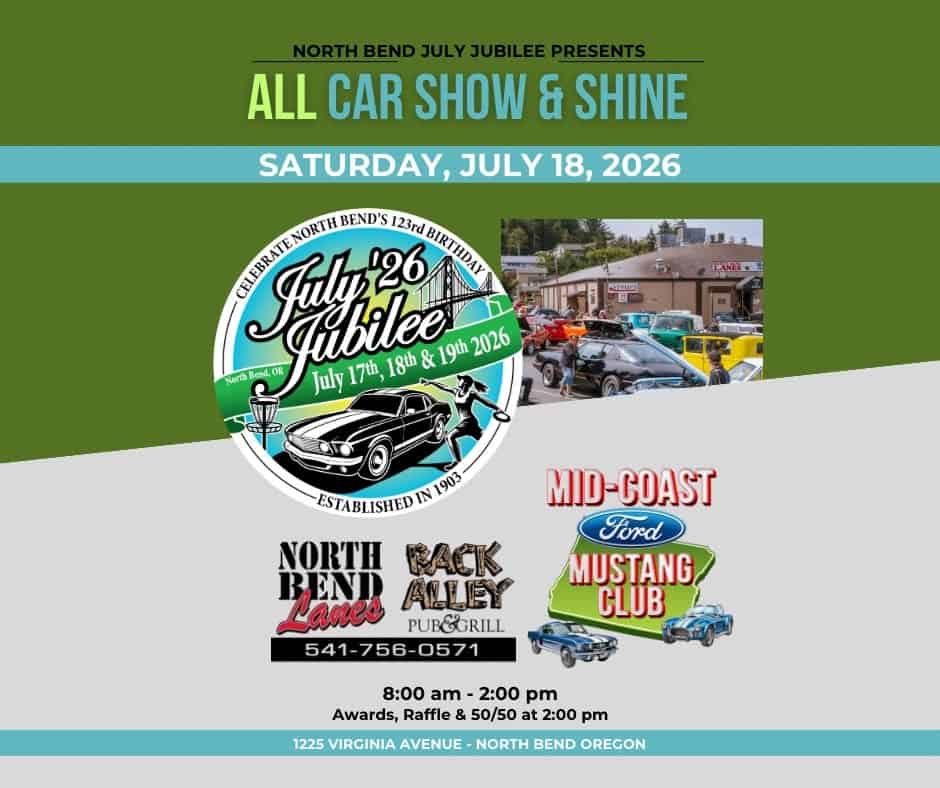 North Bend July Jubilee All Car Show & Shine event at North Bend Lanes and Back Alley Pub and Grill in North Bend, OR on July 18, 2026