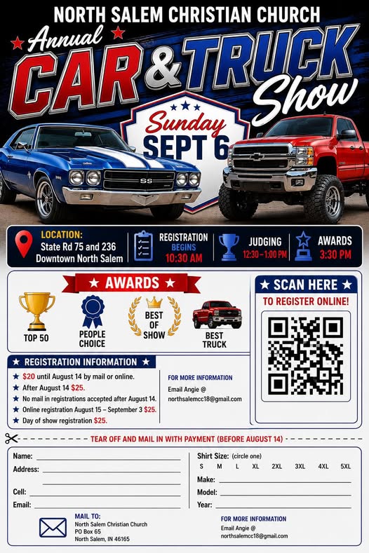 North Salem Christian Church Annual Car & Truck Show event at State Rd 75 and 236 in North Salem, IN on September 6, 2026
