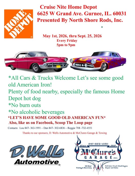 North Shore Rods Cruise Nite Home Depot event at Home Depot in Gurnee, IL on July 4, 2026