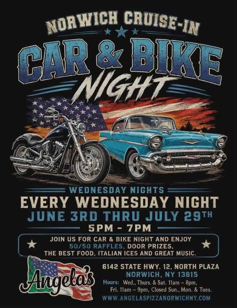 Norwich Cruise-In Car & Bike Night event at Angela's Pizza in Norwich, NY on June 24, 2026