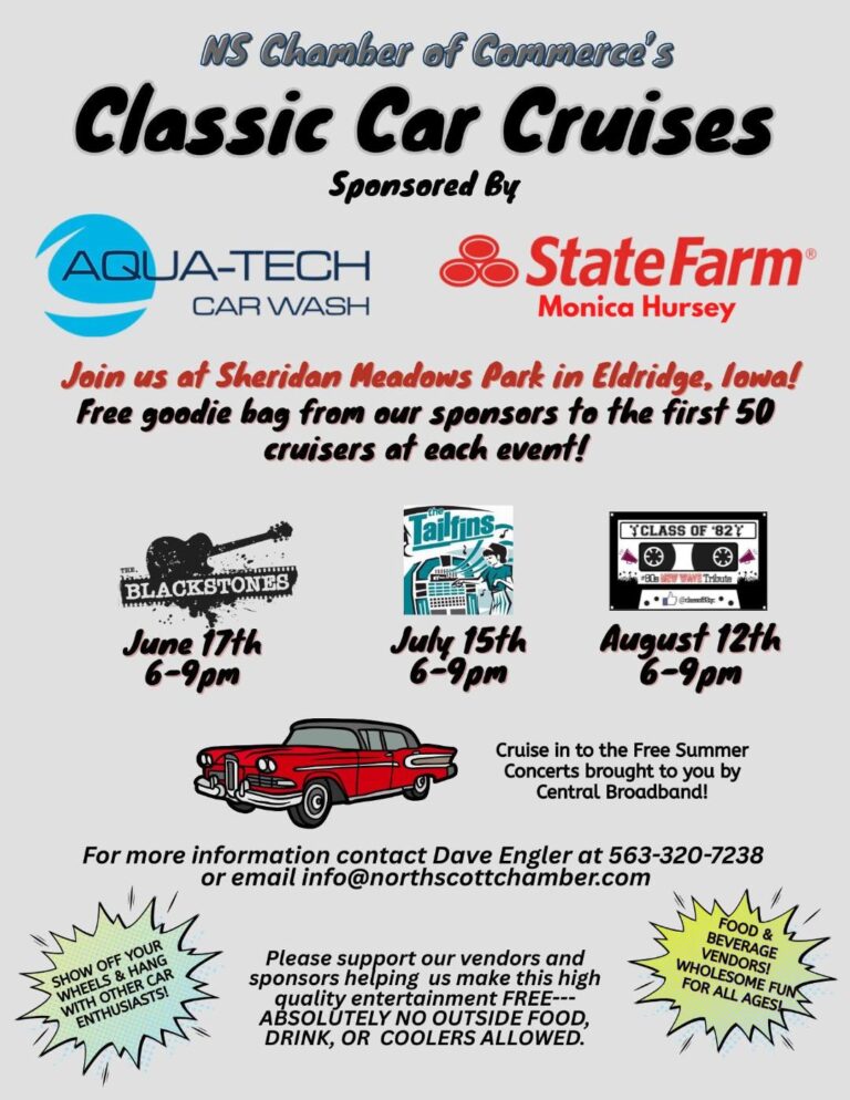NS Chamber of Commerce's Classic Car Cruises event at Sheridan Meadows Park in Eldridge, IA on July 15, 2026