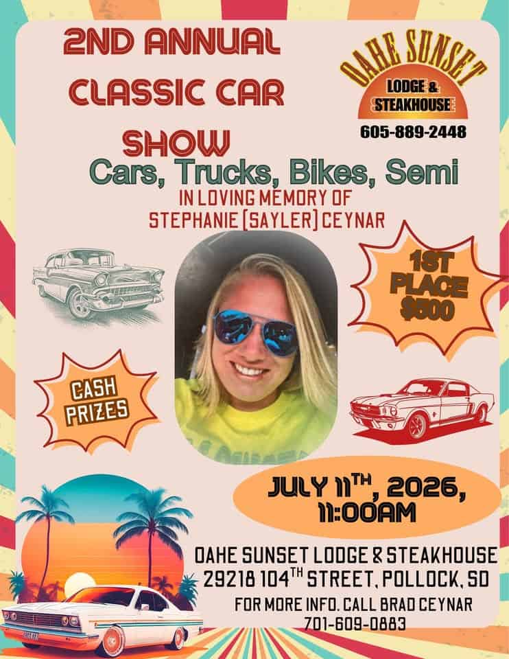 Oahe Sunset Lodge & Steakhouse 2nd Annual Classic Car Show event at Oahe Sunset Lodge & Steakhouse in Pollock, SD on July 11, 2026