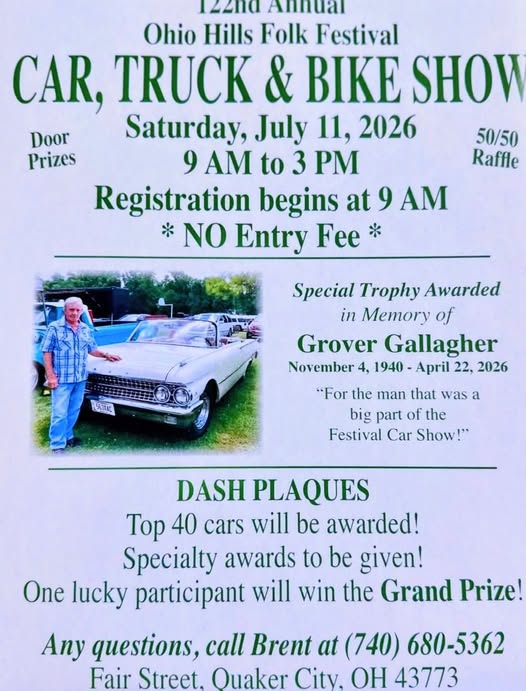 Ohio Hills Folk Festival 122nd Annual Car, Truck & Bike Show event at Fair Street in Quaker City, OH on July 11, 2026