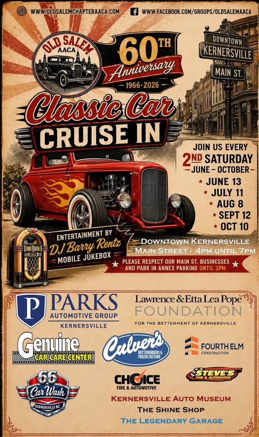 Old Salem AACA 60th Anniversary Classic Car Cruise in event at Main Street in Kernersville, NC on July 11, 2026
