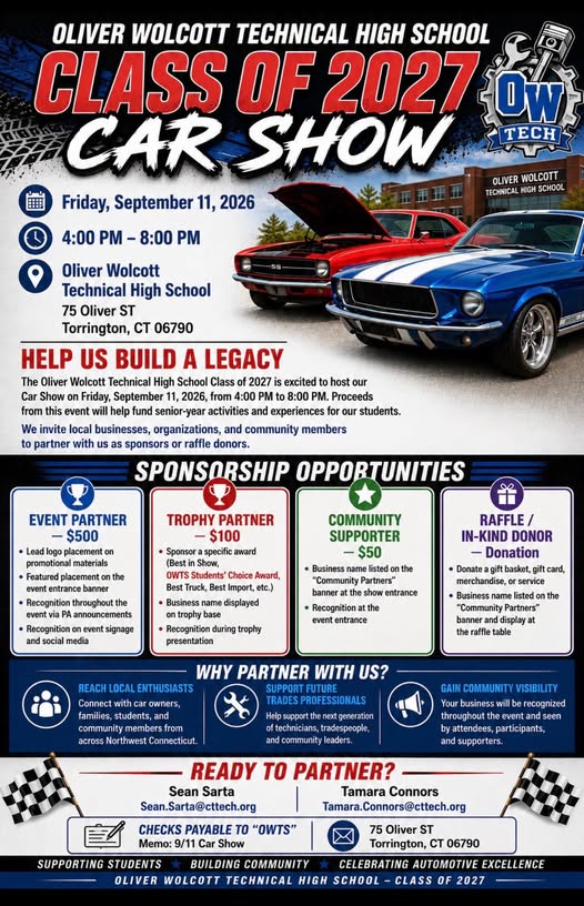 Oliver Wolcott Technical High School Class of 2027 Car Show event at Oliver Wolcott Technical High School in Torrington, CT on September 11, 2026