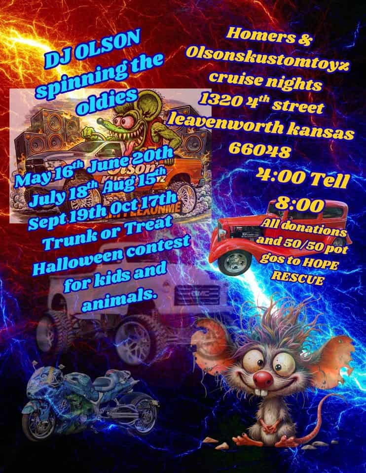 Olsonskustomtoyz Cruise Nights event at 1320 S 4th Ave in Leavenworth, KS on June 20, 2026