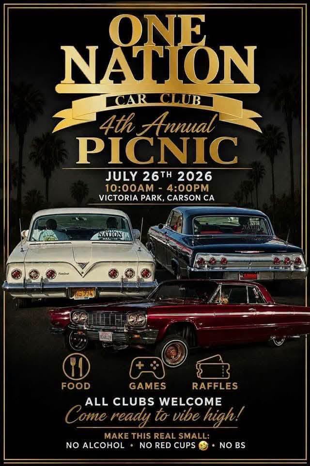 One Nation Car Club 4th Annual Picnic event at Victoria Park in Carson, CA on July 26, 2026