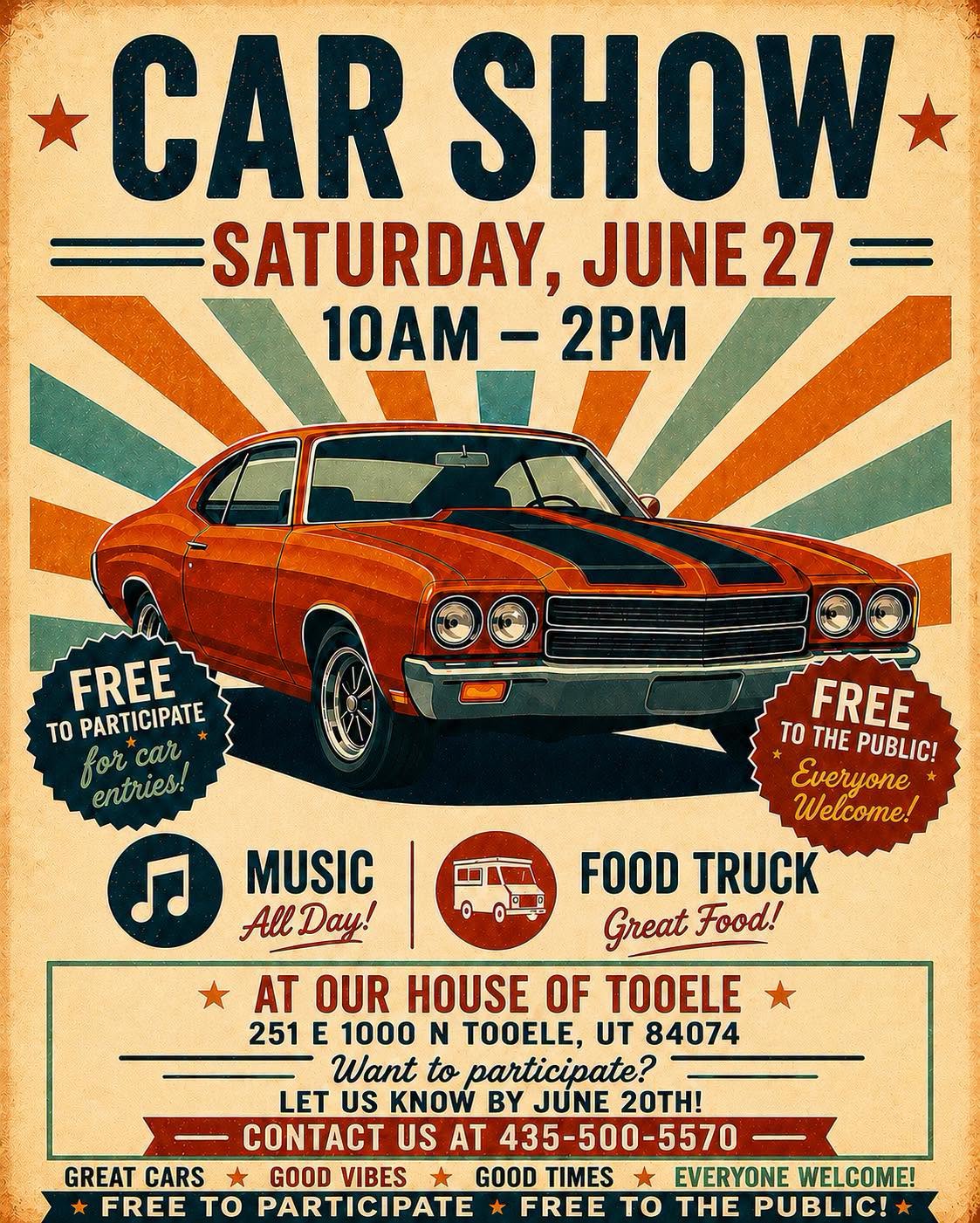 Our House of Tooele Car Show event at Our House of Tooele in Tooele, UT on June 27, 2026