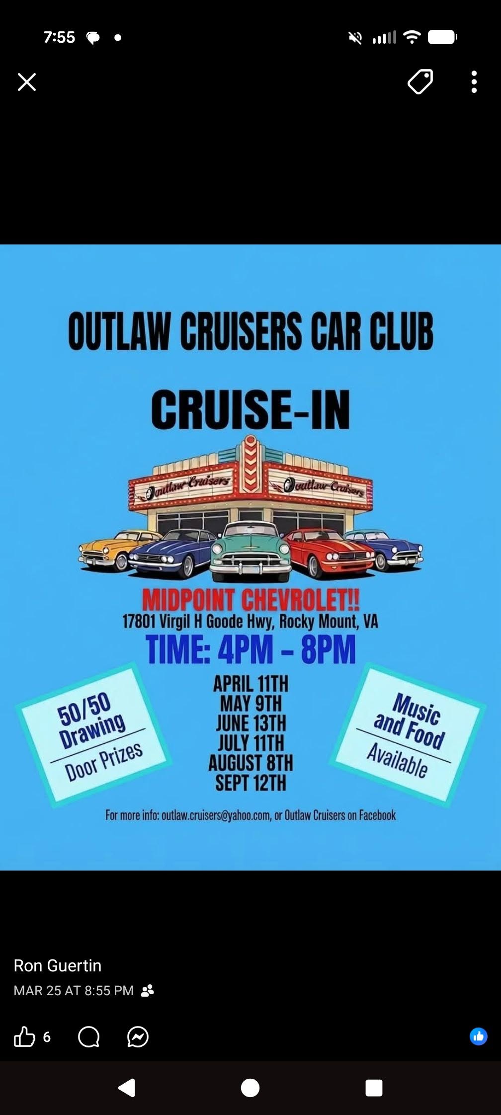 Outlaw Cruisers Car Club Cruise-In event at Midpoint Chevrolet in Rocky Mount, VA on July 11, 2026