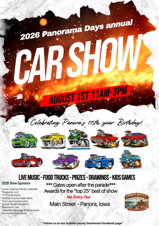 Panorama Days Annual Car Show event at Main Street in Panora, IA on August 1, 2026