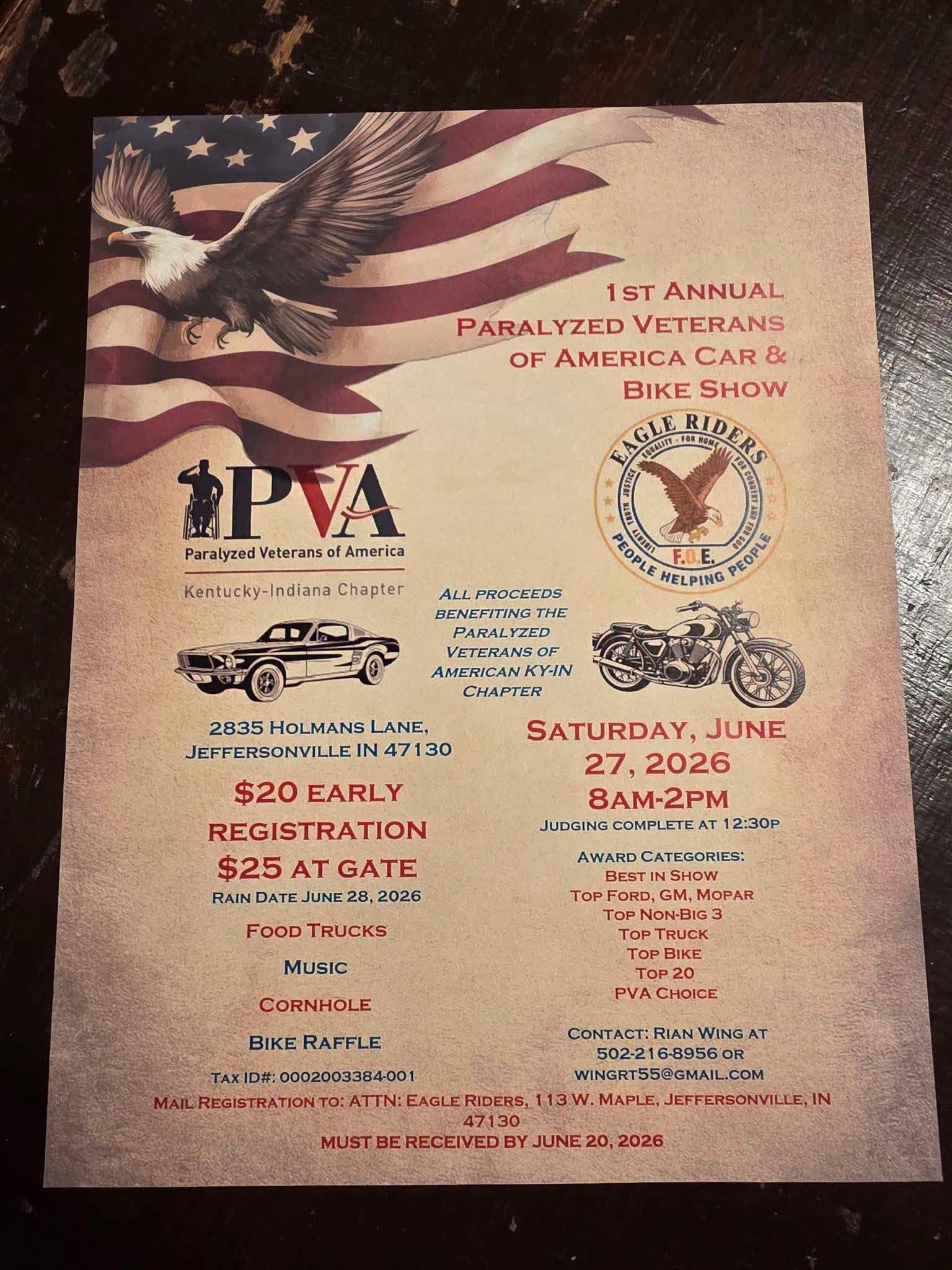 Paralyzed Veterans of America 1st Annual Car & Bike Show event at 2835 Holmans Lane in Jeffersonville, IN on June 27, 2026