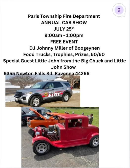 Paris Township Fire Department Annual Car Show event at 9355 Newton Falls Rd. in Ravenna, OH on July 25, 2026
