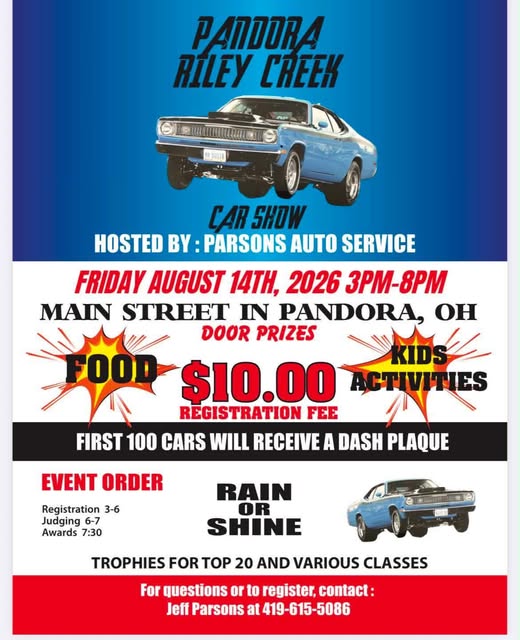 Parsons Auto Service Pandora Riley Creek Car Show event at Main Street in Pandora, OH on August 14, 2026