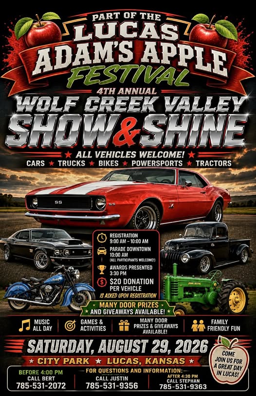 Part of the Lucas Adam's Apple Festival 4th Annual Wolf Creek Valley Show & Shine event at City Park in Lucas, KS on August 29, 2026