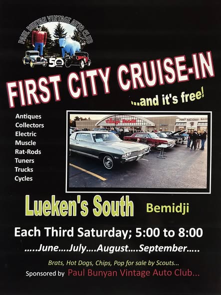 Paul Bunyan Vintage Auto Club First City Cruise-In event at Lueken's South in Bemidji, MN on June 20, 2026