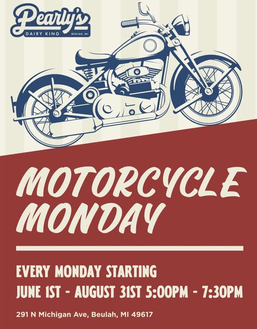 Pearly's Dairy King Motorcycle Monday event at Pearly's Dairy King in Beulah, MI on June 1, 2026