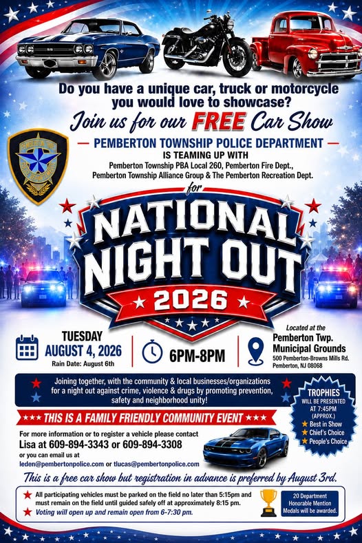 Pemberton Township Police Department National Night Out Car Show event at Pemberton Township Municipal Grounds in Pemberton, NJ on August 4, 2026