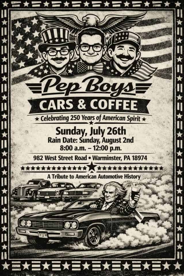 Pep Boys Cars & Coffee event at Pep Boys in Warminster, PA on July 26, 2026