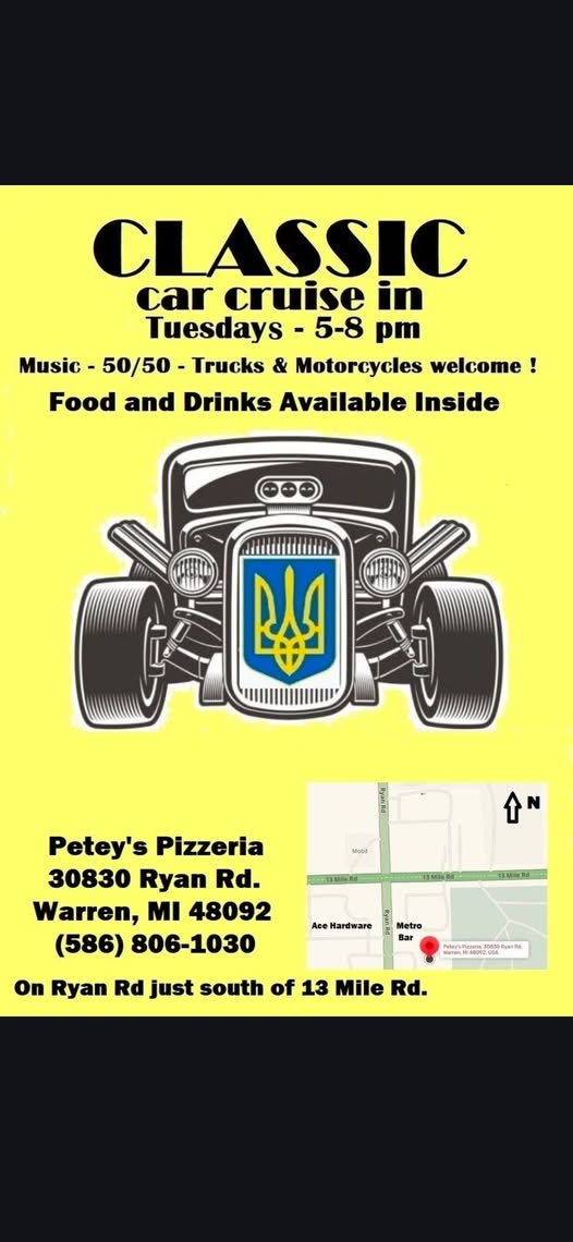 Petey's Pizzeria Classic Car Cruise-In event at Petey's Pizzeria in Warren, MI on June 9, 2026