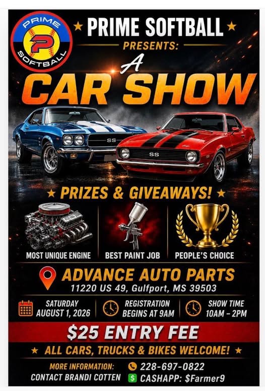 Prime Softball Car Show event at Advance Auto Parts in Gulfport, MS on August 1, 2026
