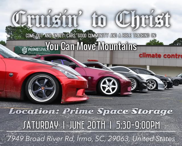 Prime Space Storage Cruisin' to Christ event at Prime Space Storage in Irmo, SC on June 20, 2026