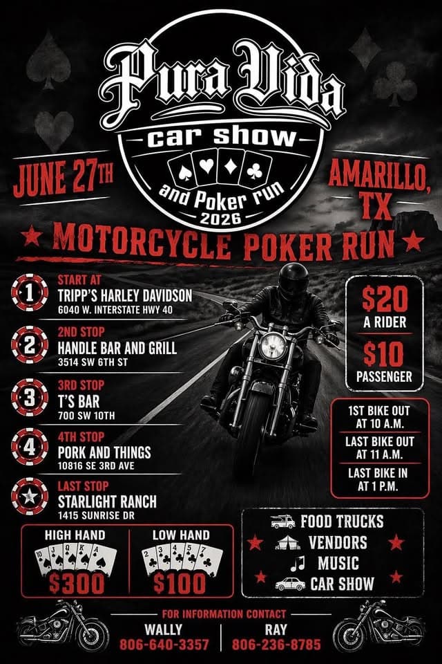 Pura Vida Car Show and Poker Run 2026 event at Starlight Ranch in Amarillo, TX on June 27, 2026
