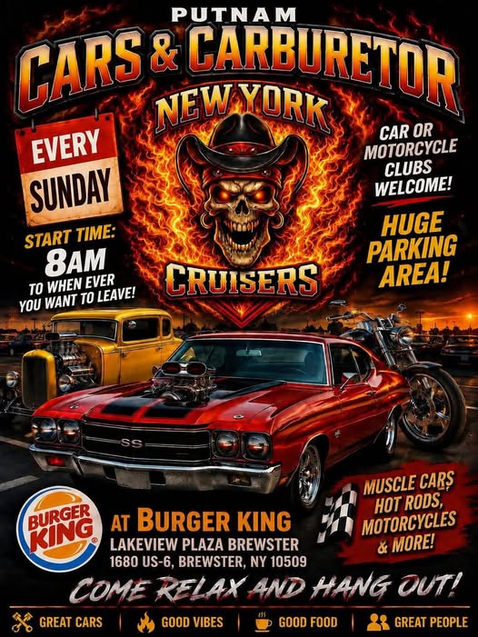 Putnam Cars & Carburetor New York Cruisers event at Burger King in Brewster, NY on June 21, 2026