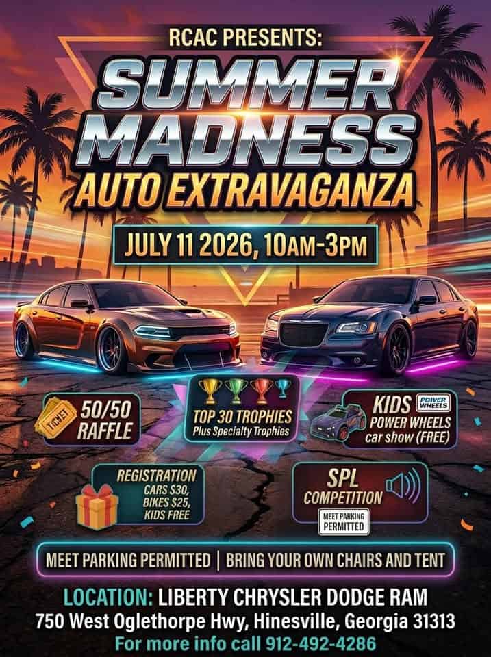 RCAC Summer Madness Auto Extravaganza event at Liberty Chrysler Dodge Ram in Hinesville, GA on July 11, 2026