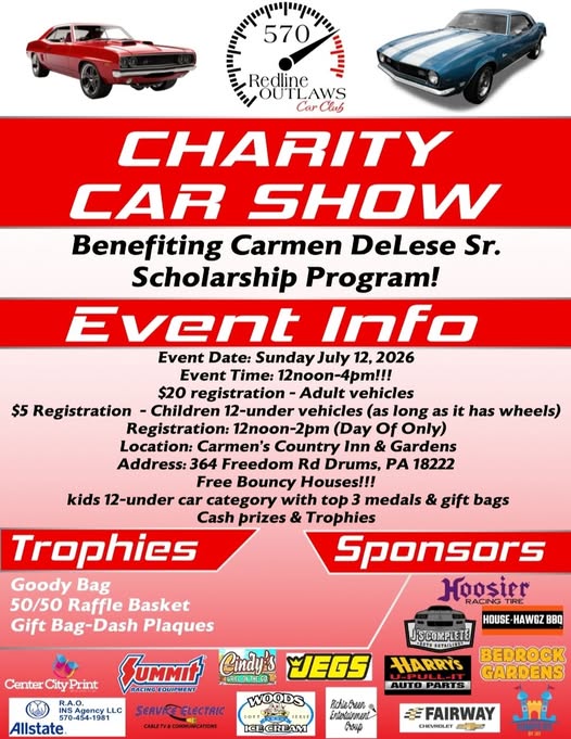 Redline Outlaws Charity Car Show event at Carmen's Country Inn & Gardens in Drums, PA on July 12, 2026