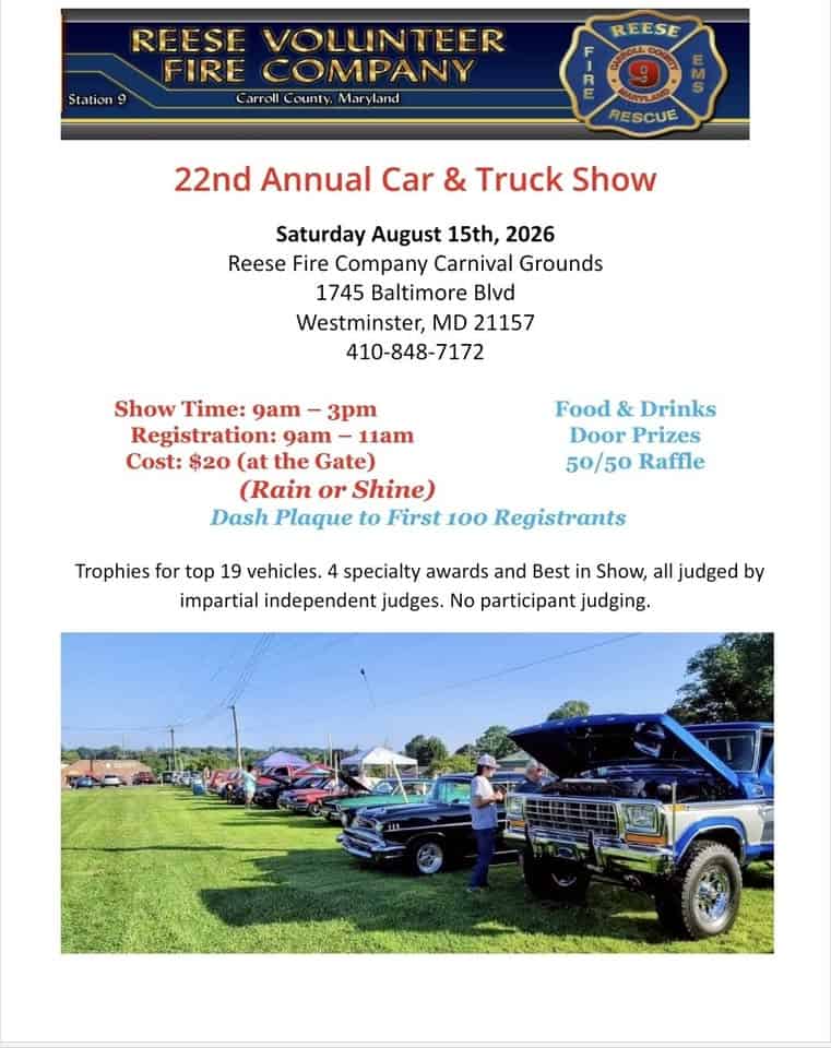 REESE VFC 22nd Annual Car Show event at Reese Fire Company Carnival Grounds in Westminster, MD on August 15, 2026