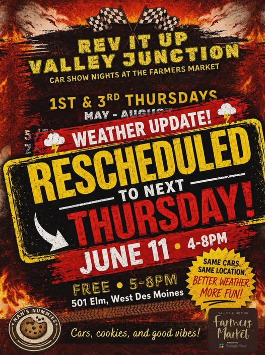 Rev It Up Valley Junction Car Show Nights at the Farmers Market event at 501 Elm in West Des Moines, IA on June 11, 2026