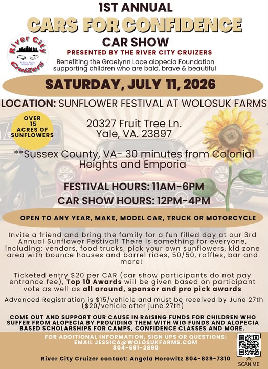 River City Cruizers 1st Annual Cars for Confidence Car Show event at Sunflower Festival at Wolosuk Farms in Yale, VA on July 11, 2026