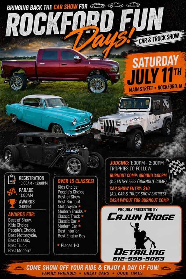 Rockford Fun Days Car & Truck Show event at Main Street in Rockford, IA on July 11, 2026