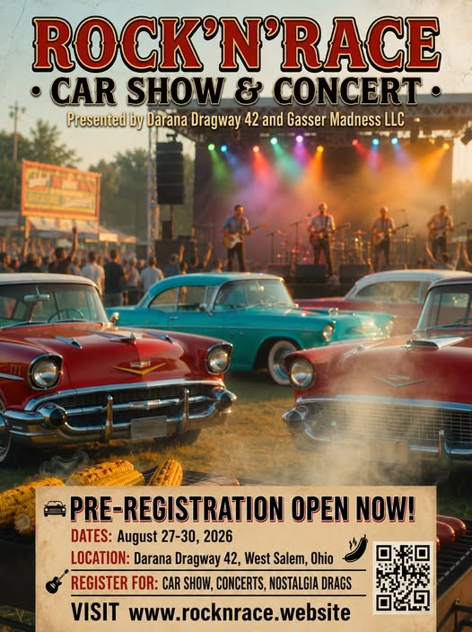 Rock'n'Race Car Show & Concert event at Darana Dragway 42 in West Salem, OH on August 27, 2026