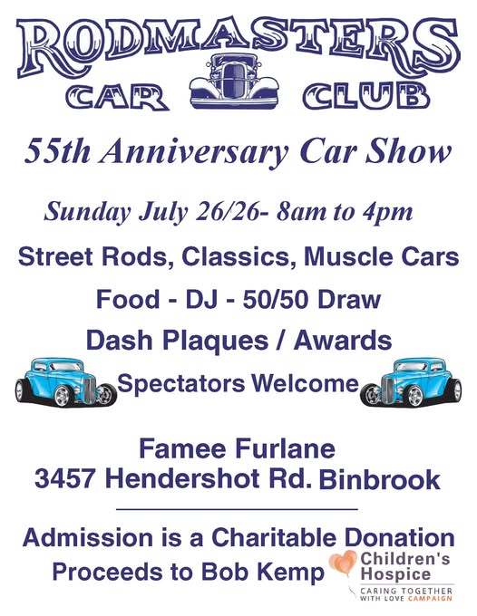 Rodmasters Car Club 55th Anniversary Car Show event at Famee Furlane in Binbrook, ON on July 26, 2026