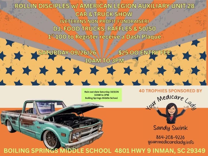 Rollin Disciples w/ American Legion Auxiliary Unit 28 Car & Truck Show event at Boiling Springs Middle School in Inman, SC on September 26, 2026
