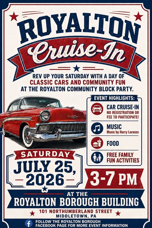 Royalton Cruise-In event at Royalton Borough Building in Middletown, PA on July 25, 2026